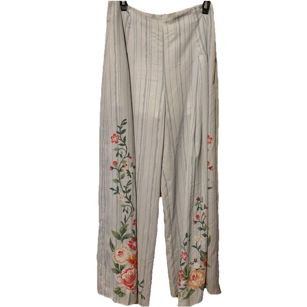 A.Calin Los Angeles Powder Blue With Stripes Floral Wide Leg Pink Pants SZLarge